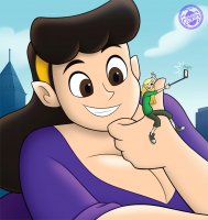 breasts drawing giantess city mega blonde black_hair color large_breasts long_hair cleavage buildings shoes brunette smiling socks pants sweater hairband on_finger selfie spunkbug perky_towers