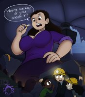 breasts drawing giantess mega color large_breasts long_hair brunette looking_down tinies dialogue hand_on_hips helmet zipper spunkbug mining_helmet perky_towers