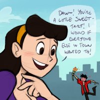 breasts drawing giantess city mega black_hair color large_breasts long_hair cleavage buildings brunette smiling pants jacket dialogue hairband torch looking_at_tiny spunkbug perky_towers
