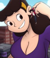 breasts drawing giantess city mega black_hair color large_breasts long_hair cleavage buildings brown_eyes smiling pants jacket hairband pinched looking_at_tiny spunkbug perky_towers