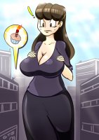 breasts drawing giantess city black_hair color large_breasts long_hair cleavage buildings brunette thighs candle hairband cupcake confused cupping_breasts looking_at_tinies between_breasts spunkbug perky_towers