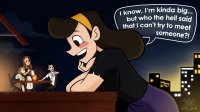 breasts drawing giantess blushing city mega black_hair color large_breasts long_hair cleavage buildings brunette smiling asian shorts table pants night thighs waitress date sweater apron shirt dialogue hairband leaning_on_building looking_at_tinies spunkbug perky_towers