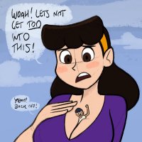 breasts drawing giantess blushing black_hair color large_breasts long_hair cleavage brunette shrunken_man clouds hat hairband no_background looking_at_tiny between_breasts spunkbug perky_towers