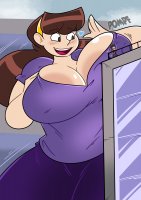 breasts drawing giantess city black_hair color large_breasts long_hair cleavage buildings breast_crush brunette smiling pants railing sweater hairband looking_at_tiny cupping_breasts spunkbug perky_towers