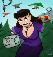 breasts drawing giantess mega blonde black_hair color large_breasts long_hair cleavage shoes brunette smiling shorts mountains forest pants parachute trees dialogue hairband hang_glider looking_at_tinies between_breasts spunkbug perky_towers