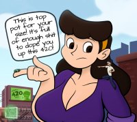breasts drawing giantess city mega black_hair color large_breasts long_hair cleavage buildings brunette pants hat dialogue hairband sign on_shoulder looking_at_tiny weed spunkbug perky_towers