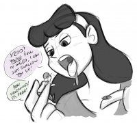 drawing giantess vore monochrome large_breasts long_hair tongue handheld saliva shrunken_man open_mouth dialogue hairband imminent_vore no_background looking_at_tiny spunkbug perky_towers