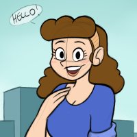 breasts drawing giantess city mega color large_breasts long_hair cleavage buildings brunette smiling sweater looking_at_viewer dialogue hairband spunkbug perky_towers