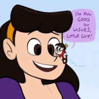drawing giantess blushing color long_hair fairy smiling crown shrunken_man pants jacket dialogue hairband no_background looking_at_tiny spunkbug perky_towers