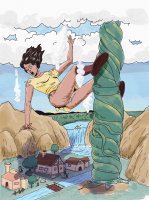breasts drawing giantess panties mega black_hair color bridge fantasy buildings waterfall boots village mountains falling river dark_skin smoke clouds trees beanstalk bare_legs walysketch