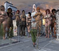 breasts giantess white_hair panties city mega blonde black_hair long_hair butt toes barefoot bra skirt buildings glasses multiple_sizes asian street red_hair short_hair sandals giantesses tribal pants dark_skin thighs top hands_on_hips orange_hair sitting_on_building thick_thighs digital_render hair_bun bare_legs bare_midriff grubslime