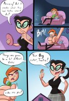 breasts drawing growth giantess mega comic black_hair color large_breasts destruction handheld skirt buildings glasses ponytail popcorn pink_eyes cartoon pants remote sofa dialogue orange_hair vicky looking_at_tiny fairly_odd_parents bare_midriff caiman2 dracoknight545 tootie