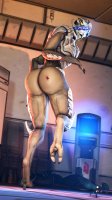 nude alien butt claws barefoot glasses blood gore foot_crush shrunken_people shrunken_man cruel thighs indoors tattoo looking_behind stuck_to_foot digital_render mass_effect grey_skin looking_at_tinies turian worsesfm vetra_nyx