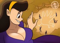 breasts drawing giantess mega black_hair color large_breasts long_hair cleavage brunette brown_eyes smiling forest pants waving trees hairband thanksgiving looking_at_tinies spunkbug perky_towers