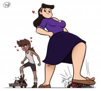 breasts drawing giantess blushing mega black_hair color large_breasts long_hair cleavage skirt shoes brunette multiple_sizes smiling couple socks foot_crush shorts giantesses vehicles dark_skin fist vehicle_crush hands_on_hips hairband no_background bare_legs heart_symbol spunkbug perky_towers christine