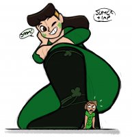 breasts drawing giantess mega black_hair color large_breasts long_hair cleavage high_heels brunette smiling boots kneeling shrunken_man dialogue hairband winking no_background st._patricks_day spunkbug perky_towers