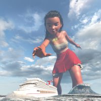 breasts giantess giga mega black_hair large_breasts long_hair skirt water ocean brown_eyes cruise_ship reaching waves hand_crush dark_skin disney necklace ships native top digital_render bare_legs moana bare_midriff gtssrg