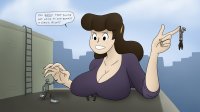 breasts drawing giantess city mega black_hair color large_breasts long_hair handheld cleavage gun buildings shoes breast_crush brunette gloves reaching pants dangle hat jacket bag dialogue hairband looking_at_tiny criminals spunkbug perky_towers
