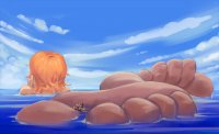 drawing giantess nude mega color toes barefoot water ocean between_toes ships orange_hair legs_crossed on_toe fooooly