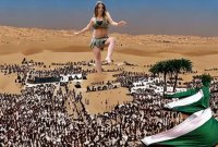 breasts giantess collage mega barefoot bra skirt desert brunette unknown_artist giantess_katelyn women cave crowds source_needed leopard_print bare_midriff