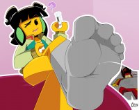 drawing black_hair color brunette socks short_hair sitting unaware shrunken_man jacket mk headband source_needed legs_crossed shrinking_serum lego no_background test_tube confused bare_legs rtuenuik2 cutaway yellow_skin clothing_entrapment mei_dragon monkie_kid