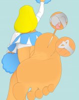 drawing micro blonde color long_hair butt licking toes barefoot skirt cheerleader foot_worship shrunken_man point_of_view cheerleader_outfit source_needed stuck_to_foot behind_view no_background anon pom_poms rtuenuik2 cutaway bare_midriff lying_on_back