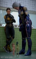 breasts white_hair nude blonde long_hair butt shoes brunette smiling gloves green_hair red_hair shrunken_woman avengers thighs indoors digital_render janet_van_dyne hair_bun she-hulk marvel_comics hope_van_dyne scarlet_witch captain_marvel the_wasp leaning_against_wall looking_at_tinies carol_danvers bare-faced-cheek