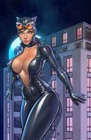 breasts drawing giantess mega black_hair color large_breasts cleavage buildings moon gloves pink_eyes mask dark_skin night thighs leaning_against_building catsuit looking_at_viewer jumpsuit stars catwoman zipper dc_comics mtolympuscomics
