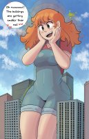 breasts drawing growth giantess city mega color large_breasts butt destruction buildings overalls thighs dialogue between_buildings orange_hair sam thick_thighs bare_legs sihagen