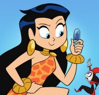 breasts drawing giantess city mega black_hair color long_hair blue_eyes handheld smiling giganta harley_quinn crouching shrunken_city costume wonder_woman swap earrings bracelet white_skin leopard_print no_background looking_at_tiny dc_comics bare_legs kandor fusion spunkbug