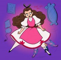 drawing giantess blonde color long_hair blue_eyes skirt shoes angry brunette stockings dress shrunken_man falling photograph fist alice_in_wonderland hair_bow mirror dialogue lamp clinging on_leg looking_at_tiny clock alice spunkbug