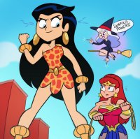breasts drawing giantess white_hair city mega black_hair color long_hair blue_eyes giganta red_hair witch muscles fist costume wonder_woman swap earrings belt bracelet dialogue tiara legs_crossed lasso broom looking_at_tiny witch_hat dc_comics bare_legs fusion spunkbug