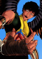 breasts drawing giantess wings black_hair color butt handheld brown_eyes smiling gloves short_hair shrunken_man pants dark_skin point_of_view top latina atom no_background looking_at_tiny dc_comics gauntlets hand_wraps bare_midriff hawkgirl haruch1