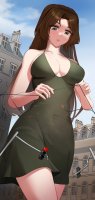 breasts drawing giantess city mega color large_breasts long_hair destruction cleavage buildings brunette brown_eyes dress thighs point_of_view power_lines bare_legs traffic_lights ripped_apart kkasi00