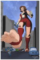 breasts drawing giantess city mega color handheld toes barefoot rampage green_eyes brunette gloves short_hair boots foot_crush mask vehicles batman thighs truck costume cape doom_patrol belt vehicle_crush running_away imminent_crush looking_at_tiny dc_comics bare_legs robotman elasti_girl rita_farr reclusiveghost
