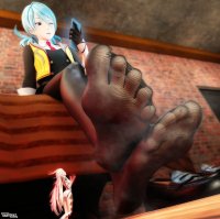 breasts giantess white_hair long_hair butt barefoot soles bed blue_hair shoes stockings gloves sitting phone unaware shrunken_woman background houses legs_crossed digital_render vest bantoras ai_the_somnium_files mizuki_okiura aiba