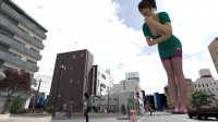 breasts giantess city mega black_hair cleavage buildings stockings smiling asian dress unknown_artist vehicles nail_polish crowds running_away source_needed bending_forward sign looking_at_tiny digital_render hair_bun