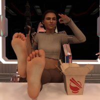 breasts blonde black_hair large_breasts toes barefoot gun brunette brown_eyes short_hair sitting star_wars shrunken_woman shrunken_man pants chair desk chopsticks belt ripped_clothing legs_crossed pinched looking_at_tiny digital_render bare_legs chinese_food bare_midriff padme_amidala padme senator solo-bonnie