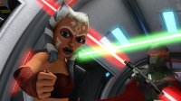breasts horns alien blue_eyes handheld brunette gloves star_wars shrunken_man indoors tattoo cape top helmet lightsaber looking_at_tiny digital_render orange_skin togruta bare_midriff ahsoka_tano inquisitor jedi anakin_skywalker second_sister anttiergod trilla_suduri lekku