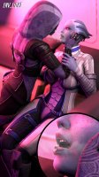 breasts vore alien large_breasts butt armor barefoot saliva couple sitting shorts blue_skin tali lesbians shrunken_man open_mouth mask thighs indoors freckles belt sofa hood digital_render mass_effect asari quarian cutaway hand_on_butt env_light liara