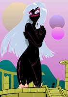 breasts drawing growth giantess white_hair nude mega alien color long_hair cleavage water wet purple_eyes moon mountains steps thighs ruins covering_breasts temple drsgrowth queen_tyrahnee duck_dodgers black_skin commander_x2 cartoon_network marvin_the_martian