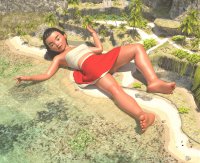 breasts giantess giga mega black_hair long_hair beach toes barefoot skirt water ocean brown_eyes lying_down dark_skin palm_trees disney necklace native top rocks spear wall warriors digital_render bare_legs moana bare_midriff gtssrg
