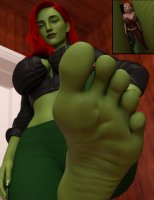 breasts city blonde large_breasts long_hair toes cleavage green_eyes gloves red_hair harley_quinn twintails foot_crush shrunken_woman pants between_toes thighs indoors corset jacket point_of_view poison_ivy belt green_skin digital_render dc_comics cutaway bare_midriff anttiergod