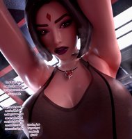 breasts crush black_hair large_breasts cleavage purple_eyes sweat raven teen_titans short_hair shrunken_man cruel goth choker point_of_view necklace dialogue sports_bra digital_render dc_comics armpits grey_skin aswababa