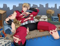 drawing city mega blonde color destruction giant water buildings blood brown_eyes sitting muscles avengers ant-man belt ripped_clothing harbor injured debris marvel_comics wounds giant-man hank_pym gtsgreene