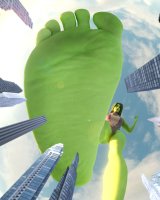 breasts giantess city mega large_breasts toes barefoot buildings green_hair foot_crush looking_down costume point_of_view leotard imminent_crush green_skin digital_render she-hulk bare_legs marvel_comics psyshack3d