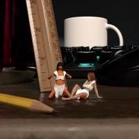 breasts black_hair toes barefoot cleavage bra skirt red_hair sitting kneeling shrunken_woman pencil dark_skin ruler keyboard coffee_cup digital_render bare_legs ms_marvel marvel_comics scarlet_witch kamala_khan makeshift_clothing bare_midriff anttiergod