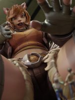 breasts giantess vore tongue handheld green_eyes shoes gloves sitting shorts between_legs reaching shrunken_woman shrunken_man thighs jacket freckles costume point_of_view top belt orange_hair pinched digital_render bare_legs marvel_comics squirrel_ears bare_midriff buckteeth looking_at_tinies dwighteisenhower squirrel_girl_(marvel)