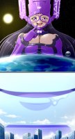 breasts drawing giantess vore earth giga city space comic black_hair color large_breasts long_hair planet cleavage buildings saliva huge_breasts purple_eyes moon gloves sun clouds costume galacta stars imminent_vore helmet cosmic_giantess thedaibijin marvel_comics