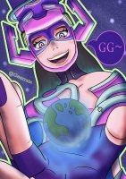 breasts drawing giantess earth giga space black_hair color long_hair planet purple_eyes smiling gloves galacta stars helmet purple_nails looking_at_tiny cosmic_giantess marvel_comics gearrain